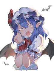 Rule 34 | 1girl, bat (animal), bat wings, black wings, blue eyes, blush, bow, brooch, collar, collared dress, dress, closed eyes, falken (yutozin), frilled collar, frilled hat, frilled sleeves, frills, hair between eyes, hat, hat bow, hat ribbon, highres, jewelry, mob cap, open mouth, own hands clasped, own hands together, pointy ears, puffy short sleeves, puffy sleeves, red bow, red neckwear, remilia scarlet, ribbon, short hair, short sleeves, simple background, smile, solo, touhou, upper body, white background, white dress, wings