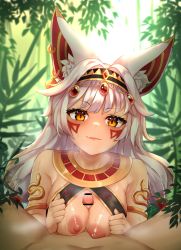 Rule 34 | absurdres, animal ear fluff, animal ears, bare shoulders, blurry, blurry background, blush, breadthree, breasts, breath, close-up, dark skin, facial tattoo, guardian tales, hairband, hetero, highres, ice witch lupina, long hair, looking at viewer, medium breasts, official alternate costume, paizuri, piercing, smirk, sweatdrop, tattoo, white hair, wolf ears, wolf girl, yellow eyes