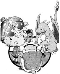 Rule 34 | 1990s (style), blastoise, blue oak, cannon, charizard, claws, creatures (company), dragon, game freak, gen 1 pokemon, green (pokemon), looking at another, mato, monochrome, nintendo, official art, poke ball, pokemon, pokemon (creature), pokemon adventures, pokemon rgby, red (pokemon), retro artstyle, simple background, starter pokemon trio, venusaur