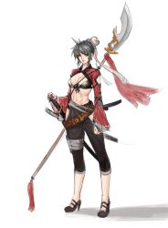 Rule 34 | 1girl, bandaged leg, bandages, belt, black footwear, clenched hand, closed mouth, earrings, glaive (polearm), grey hair, hair bun, high heels, jewelry, katana, muscular, muscular female, navel, original, pink lips, polearm, sanj, scabbard, shadow, sheath, sheathed, simple background, single earring, single hair bun, solo, standing, sword, weapon, weapon on back, white background, yellow eyes