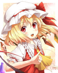 Rule 34 | 1girl, arm up, ascot, blonde hair, blush, fang, female focus, flandre scarlet, hat, hat ribbon, mount whip, open mouth, red eyes, ribbon, side ponytail, smile, solo, sparkle, string, string of fate, touhou, upper body, vampire, wings