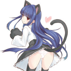 Rule 34 | 1girl, animal ears, animal hands, ass, black skirt, black thighhighs, blouse, cat ears, cat girl, cat tail, clothes lift, commentary request, from behind, gloves, heart, idolmaster, idolmaster cinderella girls, kiyu rei, leaning forward, lifted by tail, long hair, looking back, miniskirt, panties, paw gloves, purple hair, red eyes, sajo yukimi, shirt, simple background, skirt, skirt lift, smile, solo, tail, thighhighs, underwear, white background, white panties, white shirt