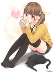 Rule 34 | 1girl, 2015, ama mitsuki, artist name, black cat, black necktie, black thighhighs, blunt bangs, blush, brown eyes, brown hair, cat, closed eyes, coffee mug, cup, dated, drinking, feet, feet together, from side, full body, heart, holding, holding cup, legs together, long sleeves, looking at viewer, mug, necktie, no shoes, original, polka dot, scrunchie, short hair, short shorts, shorts, side ponytail, simple background, sitting, sleeping, sleeves past wrists, solo, thighhighs, zettai ryouiki