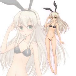 Rule 34 | 1girl, animal ears, barefoot, bikini, black bikini, black hairband, blonde hair, breasts, rabbit ears, chindefu, collarbone, commentary request, full body, green eyes, hairband, highleg, highleg bikini, highleg swimsuit, kantai collection, long hair, looking at viewer, navel, salute, shimakaze (kancolle), simple background, small breasts, solo, standing, swimsuit, white background, zoom layer