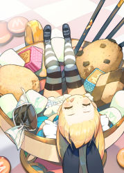 Rule 34 | :p, alice (alice in wonderland), alice in wonderland, animal ears, blonde hair, bowl, candy, closed eyes, cookie, dress, fake animal ears, food, food on face, hide88207613, highres, long hair, lying, marshmallow, mini person, minigirl, pocky, rabbit ears, smile, striped legwear, thighhighs, tongue, tongue out, upside-down