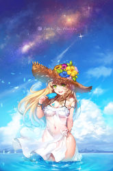 Rule 34 | 1girl, absurdres, blonde hair, blush, breasts, cleavage, commentary request, day, dress, flower, food, gluteal fold, green eyes, hat, highres, ice cream, long hair, looking at viewer, medium breasts, milky way, navel, no panties, ocean, open mouth, original, see-through, see-through dress, see-through silhouette, shiny skin, sky, sleeveless, sleeveless dress, smile, solo, standing, star (sky), straw hat, teeth, wading, water, white dress, wookyung