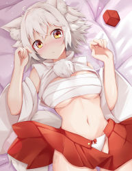 Rule 34 | 1girl, animal ear fluff, animal ears, breasts, chest sarashi, closed mouth, commentary request, detached sleeves, hat, inubashiri momiji, looking at viewer, lying, medium breasts, navel, on back, panties, pillow, red hat, red skirt, rururiaru, sarashi, short hair, skirt, solo, thighs, tokin hat, touhou, underwear, unworn hat, unworn headwear, white hair, white panties, wolf ears, wolf girl, yellow eyes