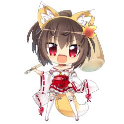 Rule 34 | 1girl, :d, animal ears, autumn leaves, breasts, brown hair, character request, chibi, cleavage, commentary request, detached sleeves, fake animal ears, fang, fox ears, fox tail, frilled skirt, frills, full body, hair ornament, hand on own hip, high ponytail, holding, holding mallet, hop step jumpers, leaf hair ornament, lets0020, looking at viewer, mallet, medium bangs, medium breasts, nontraditional miko, off-shoulder shirt, off shoulder, open mouth, pleated skirt, red eyes, red skirt, ribbon-trimmed sleeves, ribbon trim, shirt, short hair, short sleeves, simple background, skirt, smile, solo, standing, tail, thigh strap, thighhighs, transparent background, v-shaped eyebrows, white sleeves, white thighhighs, wide sleeves