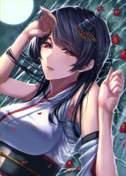 Rule 34 | 1girl, black hair, floating, full moon, fusou (kancolle), hair ornament, hand on own head, highres, kantai collection, kazu (otonoki86), long hair, looking at viewer, moon, nontraditional miko, petals, red eyes, solo, water