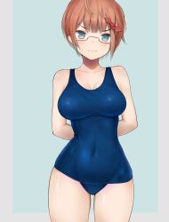 Rule 34 | 1girl, 3:, arms behind back, bare shoulders, blue background, blue eyes, blue one-piece swimsuit, blunt bangs, bokutachi wa benkyou ga dekinai, breasts, breasts apart, brown-framed eyewear, brown hair, cleavage, closed mouth, collarbone, colored eyelashes, competition swimsuit, covered navel, cowboy shot, frown, gatchan, glasses, hair ribbon, highres, impossible clothes, impossible swimsuit, large breasts, looking at viewer, ogata rizu, one-piece swimsuit, outside border, red ribbon, ribbon, scowl, semi-rimless eyewear, short hair, simple background, solo, swimsuit, thighs, under-rim eyewear, v-shaped eyebrows, wide hips