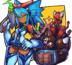 Rule 34 | 1boy, 1girl, big hair, blue hair, boots, bound, bound wrists, breasts, commentary request, dakusuta, dark skin, energy gun, gloves, green eyes, hair between eyes, hairband, hand on own hip, highres, holding, holding weapon, original, ray gun, robot, simple background, sitting, sitting on person, spiked hair, thigh boots, thighhighs, weapon