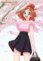 Rule 34 | 1girl, 2021, :d, bag, black skirt, boh stick, brown hair, character name, cherry blossoms, collarbone, dated, earrings, flower, go! princess precure, green eyes, hair flower, hair ornament, happy birthday, haruno haruka, high-waist skirt, highres, holding, holding bag, jewelry, long hair, miniskirt, open mouth, parted bangs, pendant, pink flower, pink shirt, precure, shirt, skirt, smile, solo, spring (season), standing