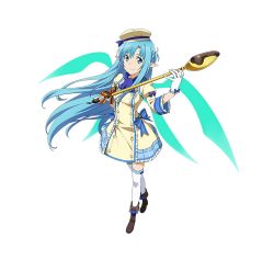 Rule 34 | 10s, 1girl, alternate costume, asuna (sao), asuna (sao-alo), blue eyes, blue hair, boots, full body, gloves, hat, highres, holding, long hair, looking at viewer, matching hair/eyes, official art, pointy ears, simple background, smile, solo, sword art online, sword art online: code register, thighhighs, white background, white gloves, white thighhighs, wings
