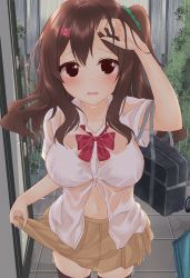 Rule 34 | 1girl, adjusting clothes, bag, black thighhighs, blush, bow, bowtie, brown eyes, brown hair, brown skirt, collared shirt, doorway, hair ornament, hairclip, hand up, highres, long hair, looking at viewer, minato ojitan, open mouth, original, pleated skirt, rain, red bow, red bowtie, school bag, school uniform, scrunchie, shirt, short sleeves, side ponytail, skirt, solo, standing, thighhighs, water drop, wet, wet clothes, white shirt