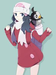 Rule 34 | 1girl, backpack, bag, beanie, blue eyes, blue hair, closed mouth, coat, creatures (company), dawn (pokemon), game freak, gen 4 pokemon, hair ornament, hairclip, hat, krbchmgn, long hair, looking at viewer, nintendo, pokemon, pokemon (creature), pokemon dppt, pokemon platinum, scarf, simple background, smile, starly, winter clothes