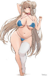 Rule 34 | 1girl, absurdres, azur lane, bikini, blue bikini, blush, braid, breasts, brown hair, cleavage, closed mouth, collarbone, criss-cross halter, curvy, double bun, formidable (azur lane), formidable (the lady of the beach) (azur lane), hair bun, halterneck, highres, huge breasts, long hair, looking at viewer, neneneji, official alternate costume, plump, red eyes, simple background, single thighhigh, skindentation, solo, swimsuit, thighhighs, thighs, twin braids, very long hair, white background, wide hips