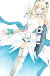 Rule 34 | 1girl, alternate color, bad id, bad pixiv id, bare shoulders, blonde hair, blue eyes, blue valkyrie (p&amp;d), braid, cross, cross earrings, earrings, elbow gloves, gloves, hair ornament, highres, hsiao, jewelry, long hair, open mouth, puzzle &amp; dragons, shield, solo, thighhighs, valkyrie (p&amp;d), water valkyrie (p&amp;d), wings