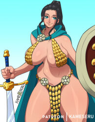 Rule 34 | 1girl, bare legs, breasts, cape, cosplay, gladiator, holding, holding sword, holding weapon, kameseru, large breasts, long hair, looking at viewer, nico robin, one piece, ponytail, rebecca (one piece), rebecca (one piece) (cosplay), shield, shiny skin, solo, standing, sword, weapon, wide hips