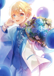 Rule 34 | 1boy, :d, absurdres, blonde hair, blue bow, blue bowtie, blue eyes, blue flower, blue vest, blush, bouquet, bow, bowtie, cow, dress shirt, eugeo, flower, hair between eyes, hand in own hair, highres, holding, holding bouquet, jacket, long sleeves, looking at viewer, male focus, open clothes, open jacket, open mouth, pants, rose, shirt, short hair, signature, smile, solo, standing, sword art online, vest, white flower, white jacket, white pants, white shirt, yuuka0922
