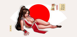 Rule 34 | 1girl, absurdres, arm support, bare shoulders, breasts, brown eyes, brown hair, cleavage, drop shadow, fatal fury, fei teng, female focus, full body, grey background, hand guard, high ponytail, highres, large breasts, long hair, looking at viewer, lying, matching hair/eyes, ninja, no shoes, on side, orb, pelvic curtain, ponytail, reclining, red lips, red sun, revealing clothes, rope, sash, shiranui mai, sideboob, smile, socks, solo, the king of fighters, very long hair, wrist cuffs
