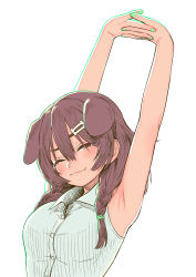 Rule 34 | 1girl, animal ears, armpits, arms up, braid, brown eyes, brown hair, dog ears, dog girl, hair ornament, hairclip, highres, hololive, inugami korone, long hair, low twin braids, low twintails, nail polish, one eye closed, own hands together, sabaku chitai, shirt, simple background, sleeveless, sleeveless shirt, smile, solo, stretching, twin braids, twintails, upper body, virtual youtuber, white background, white shirt
