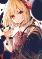 Rule 34 | 1girl, :/, black skirt, black vest, blonde hair, blush, closed mouth, collared shirt, commentary, darkness, frilled shirt collar, frills, hair ribbon, hand up, highres, looking at viewer, medium hair, neckerchief, red eyes, red neckerchief, red ribbon, ribbon, rumia, shiba 0007, shirt, skirt, skirt set, solo, touhou, upper body, vest, white shirt