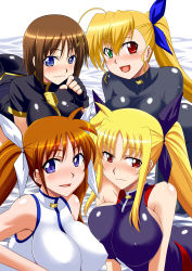 Rule 34 | 00s, 10s, 4girls, :3, aged up, blonde hair, blue eyes, breasts, brown hair, fate testarossa, fate testarossa (true sonic form), green eyes, heterochromia, large breasts, long hair, lyrical nanoha, mahou shoujo lyrical nanoha, mahou shoujo lyrical nanoha strikers, mahou shoujo lyrical nanoha vivid, multiple girls, open mouth, red eyes, short hair, side ponytail, smile, takamachi nanoha, takamachi nanoha (aggressor mode), twintails, very long hair, vivio, yagami hayate, zerosu (take out)
