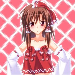 Rule 34 | 1girl, :&lt;, adapted costume, alternate costume, alternate hairstyle, annoyed, bad id, bad pixiv id, bare shoulders, blush, bow, brown hair, collarbone, crop top, detached sleeves, female focus, frown, hair bow, hakurei reimu, hands on own hips, ina (inadahime), japanese clothes, miko, open mouth, red eyes, short hair, solo, touhou, upper body