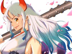 Rule 34 | 1girl, closed mouth, club, club (weapon), commentary request, earrings, green hair, highres, holding, holding weapon, hoop earrings, horns, japanese clothes, jewelry, kanabou, long hair, looking at viewer, multicolored hair, multicolored horns, one piece, oni, oni horns, orange eyes, smile, solo, suzu (suzuran piece), weapon, white hair, yamato (one piece)