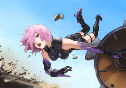 Rule 34 | 1girl, absurdres, action, armor, armored dress, bare shoulders, black legwear, breasts, cleavage, elbow gloves, fate/grand order, fate (series), fighting, gloves, hair over one eye, high heels, highres, mash kyrielight, open mouth, purple eyes, purple hair, shield, short hair, solo, teeth, tomaro (katsui suchika)