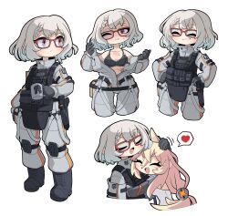 Rule 34 | 2girls, absurdres, ammunition pouch, android, animal ears, armedrabbit, black bra, black footwear, blonde hair, boots, bra, braid, breasts, closed eyes, closed mouth, collarbone, commentary, commission, cowboy shot, cup, dog ears, english commentary, fang, female commander (girls&#039; frontline), full body, g41 (girls&#039; frontline), girls&#039; frontline, glasses, griffin &amp; kryuger, gun, hair ornament, hand on another&#039;s head, hand on own hip, handgun, hazmat suit, heart, highres, holding, holding cup, holster, hug, knee pads, long hair, looking down, mechanical arms, medium breasts, medium hair, motion lines, multiple girls, navel, one eye closed, open mouth, parted lips, bulletproof vest, pouch, radio, red eyes, scar, scar on stomach, shirt, simple background, single mechanical arm, sweat, underwear, very long hair, weapon, white background, white hair, white shirt