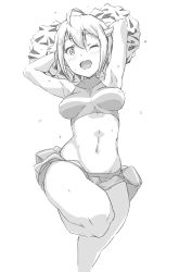 Rule 34 | 1girl, ahoge, armpits, arms up, bare shoulders, blush, breasts, cheerleader, crop top, greyscale, hair between eyes, highres, ibuki tsubasa, idolmaster, idolmaster million live!, looking at viewer, m mance, medium breasts, miniskirt, monochrome, navel, one eye closed, open mouth, pom pom (cheerleading), short hair, simple background, skirt, smile, solo, thighs, white background