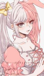 Rule 34 | 1girl, blonde hair, bow, breasts, cleavage, collarbone, criis-chan, danganronpa (series), danganronpa 2: goodbye despair, dress, ear bow, frilled dress, frills, grey hair, heterochromia, humanization, large breasts, long hair, monomi (danganronpa), multicolored hair, nail polish, open mouth, own hands together, pink nails, puffy short sleeves, puffy sleeves, red eyes, short sleeves, solo, tears, twintails, two-tone hair, upper body, yellow bow