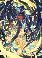 Rule 34 | 2boys, abs, angel and devil, angemon, animal print, arm belt, bandaged arm, bandages, bat (animal), bat print, belt, black belt, black bodysuit, black wings, blonde hair, bodysuit, claws, commentary request, covered eyes, devimon, digimon, digimon (creature), energy, falling, falling feathers, fangs, feathered wings, feathers, full body, helmet, highres, holding, holding polearm, holding weapon, horns, long hair, looking at viewer, male focus, multiple belts, multiple boys, open mouth, polearm, red eyes, shoulder plates, skull print, smile, stitches, tapioka chaso, thigh strap, torn wings, upside-down, weapon, white feathers, white wings, wings