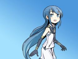 Rule 34 | 1girl, black gloves, blue background, blue eyes, blue hair, elbow gloves, from side, gloves, gradient background, kantai collection, long hair, looking at viewer, open mouth, sailor collar, samidare (kancolle), shirt, sidelocks, sixten, sleeveless, sleeveless shirt, smile, solo, undershirt, very long hair