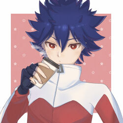 Rule 34 | 1boy, black gloves, blue hair, bright pupils, closed mouth, commentary request, creatures (company), cup, disposable cup, fingerless gloves, game freak, gloves, hair between eyes, hand up, highres, holding, holding cup, hugh (pokemon), jacket, looking down, male focus, nintendo, pokemon, pokemon bw2, red eyes, ryusa (gjgd7445), short hair, solo, spiked hair, star (symbol), steam, upper body, white jacket, white pupils, zipper pull tab
