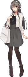 Rule 34 | 10s, 1girl, ankle boots, bag, black dress, black pantyhose, black skirt, boots, brown eyes, dress, full body, haruna (kancolle), jacket, jewelry, kantai collection, konishi (koconatu), long hair, necklace, official art, open mouth, pantyhose, product placement, ribbon, shopping bag, skirt, smile, solo, standing, transparent background
