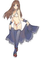 1girl bad_id bad_pixiv_id blue_eyes blue_thighhighs blush bra brown_hair castlevania:_portrait_of_ruin castlevania_(series) charlotte_aulin holding holding_unworn_clothes long_hair navel panties red_footwear ribbon_panties salt_(reincarnation) simple_background sketch thighhighs underwear white_background white_bra white_panties