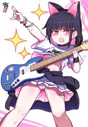 Rule 34 | 1girl, :o, \m/, animal ears, arm up, bass guitar, black choker, black hair, black jacket, black wristband, blue archive, blunt bangs, bob cut, bracelet, cat ears, cat girl, choker, clothes around waist, colored inner hair, commentary request, earrings, electric guitar, english text, extra ears, guitar, halo, highres, holding, holding instrument, holding plectrum, hot, instrument, jacket, jacket around waist, jewelry, kazusa (band) (blue archive), kazusa (blue archive), looking at viewer, multicolored hair, music, official alternate costume, panties, pantyshot, playing instrument, pleated skirt, plectrum, print shirt, red eyes, sarashi, shasa2456, shirt, short hair, short sleeves, sidelocks, simple background, skirt, solo, t-shirt, two-tone hair, underwear, v-shaped eyebrows, white background, white panties, white shirt, white skirt