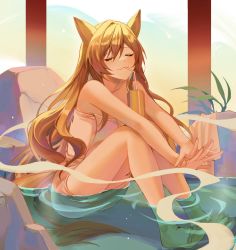 Rule 34 | 1girl, animal ears, arknights, bare shoulders, blush, brown hair, ceobe (arknights), closed eyes, dog ears, dog girl, dog tail, drinking, drinking straw, fang, highres, kernel killer, long hair, material growth, naked towel, oripathy lesion (arknights), sitting, skin fang, solo, tail, towel