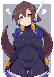 absurdres aile_(mega_man_zx) bodysuit breasts breasts_apart brown_hair buzzlyears clothes_pull covered_erect_nipples curvy green_eyes groin highres large_breasts long_hair mega_man_(series) mega_man_zx mega_man_zx_advent ponytail shorts shorts_pull