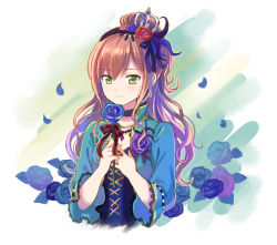 Rule 34 | 1girl, bang dream!, black choker, blue flower, blue jacket, blue rose, boutonniere, breasts, brown hair, choker, cleavage, commentary request, cross-laced clothes, crown, earrings, feather hair ornament, feathers, flower, frilled sleeves, frills, gold trim, green eyes, hair flower, hair ornament, hairband, half updo, highres, holding, holding flower, imai lisa, jacket, jewelry, long hair, looking at viewer, necklace, petals, red flower, red rose, ribbon, rose, shatiko, smile, solo, striped ribbon, upper body