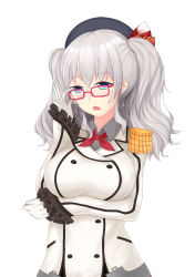 Rule 34 | 10s, 1girl, adjusting eyewear, blue eyes, breasts, epaulettes, female focus, glasses, gloves, highres, kantai collection, kashima (kancolle), large breasts, red-framed eyewear, rumaki, silver hair, solo, twintails