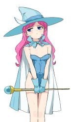Rule 34 | 1girl, aikatsu!, aikatsu! (series), amahane madoka, blue cape, blue eyes, blue hat, blush, cape, closed mouth, embarrassed, flat chest, hat, highleg, highleg leotard, highres, holding, holding staff, legs together, leotard, long hair, looking away, osame, oversized breast cup, pink hair, simple background, solo, staff, standing, strapless, strapless leotard, witch hat