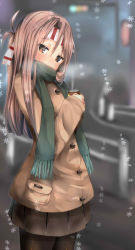 Rule 34 | 10s, 1girl, alternate costume, atsutoku, blush, brown coat, brown eyes, brown hair, brown pantyhose, brown skirt, can, canned coffee, cityscape, coat, coffee, drink can, green scarf, hachimaki, hair ribbon, headband, high ponytail, highres, kantai collection, light brown hair, long coat, long hair, looking at viewer, pantyhose, ponytail, ribbon, scarf, skirt, snowflakes, snowing, solo, steam, zuihou (kancolle)