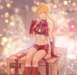 Rule 34 | 1girl, absurdres, aztodio, bad id, bad twitter id, bare shoulders, bell, blonde hair, blue eyes, christmas, gift, gloves, hat, high ponytail, highres, long hair, looking at viewer, metroid, mole, mole under mouth, navel, nintendo, ponytail, samus aran, santa costume, shorts, skin tight, smile, solo, super smash bros.