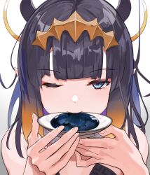 1girl ;) absurdres bare_shoulders black_hair blue_eyes blunt_bangs commentary cup dolphenry drinking english_commentary gradient_hair halo highres holding holding_cup hololive hololive_english long_hair looking_at_viewer multicolored_hair ninomae_ina&#039;nis ninomae_ina&#039;nis_(1st_costume) one_eye_closed orange_hair pointy_ears revision sidelocks simple_background smile solo tentacle_hair upper_body virtual_youtuber white_background