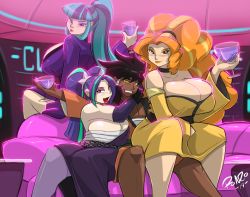 Rule 34 | 1boy, 3girls, adagio dazzle, alcohol, aria blaze, breasts, cleavage, club, couch, cup, drinking glass, drunk, hasbro, highres, huge breasts, humanization, large breasts, looking at viewer, multiple girls, my little pony, my little pony: equestria girls, my little pony: friendship is magic, open mouth, ponytail, shonuff44, sitting, sitting on lap, sitting on person, sonata dusk, twintails, weapon, wine glass