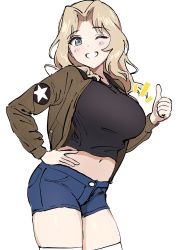 Rule 34 | 1girl, ameyame, black shirt, blonde hair, blue eyes, blush, breasts, brown jacket, denim, denim shorts, girls und panzer, grin, hand on own hip, jacket, kay (girls und panzer), large breasts, long hair, long sleeves, midriff, navel, one eye closed, shirt, shorts, simple background, smile, solo, star (symbol), thighhighs, thumbs up, white background