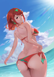 Rule 34 | 1girl, absurdres, ahoge, ass, back, bare arms, bare back, bare shoulders, bikini, blush, breasts, circlet, cloud, curvy, from behind, highres, hip focus, huge ass, l1n, large breasts, looking at viewer, looking back, nintendo, ocean, outdoors, pyra (xenoblade), red bikini, red eyes, red hair, short hair, sideboob, sky, smile, solo, swimsuit, thick thighs, thighs, wide hips, xeno (series), xenoblade chronicles (series), xenoblade chronicles 2, xenoblade chronicles (series), xenoblade chronicles 2